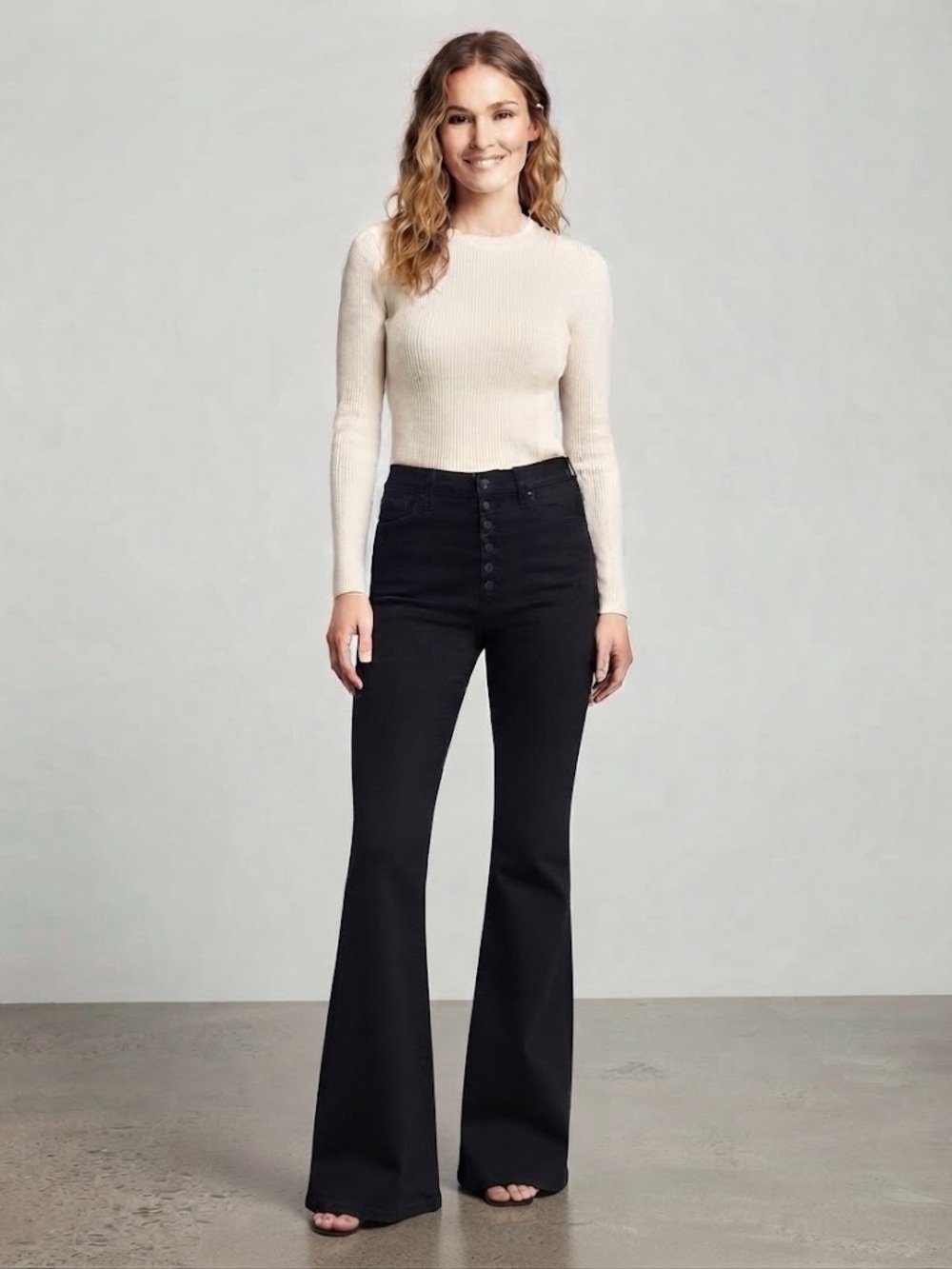 Black Denim Flared Jeans with button fly